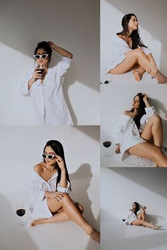 four photos of a woman wearing sunglasses and holding a cell phone to her ear while sitting on the floor