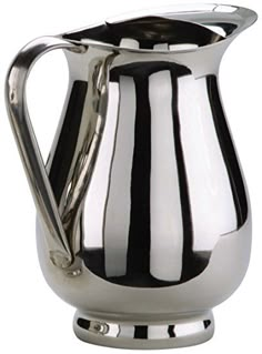 a stainless steel pitcher is shown on a white background