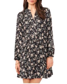 Vince Camuto-Floral-print Long-sleeve Dress - Crafted of lightweight, floral-print charmeuse, this dress is sure to become a perennial favorite. The dress features a banded split neckline, long sleeves and ruching at the cuffs. Fitted through the waist, the dress is designed with a ruched skirt. Wear it with a pair of over-the-knee boots for an effortless fall ensemble. Clothing Size Guide Ruched Skirt, Long Sleeve Print Dress, Black Sheath Dress, Dress Crafts, Cocktail Dress Party, Vince Camuto, Sheath Dress, Dress Collection, Black Floral