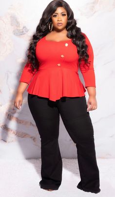 Polyester% 95 Spandex% 5 Model is wearing 1x Peplum Outfits, Peplum Top Outfits, Red Peplum Tops, Plus Size Peplum, Chic And Curvy, Led Dress, Plus Size Fits, Plus Size Models, Peplum Blouse