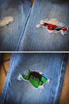 the inside of a pair of ripped jeans with an image of hulk on it, and another