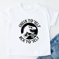 Check Yo Self Before You Rex Yo Self Toddler Shirt, Funny Shirt for Kids, Funny Shirt for Toddlers, Funny Dinosaur Shirt for Kids Made with Gerber Premium Tees Premium Tees use cotton interlock instead of classic cotton rib. Cotton interlock is extremely soft, warmer than cotton rib and hold the perfect amount of stretch. Gerber Premium Tees are certified with STANDARD 100 by OEKO-TEX® to ensure no harmful substances in your baby's clothing. Kids T Shirt Design Ideas, Cricut Onesies, Diy Kids Shirts, Toddler Boy Shirts, Cricut Tshirt, Unisex Shirt Design