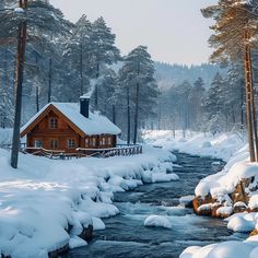 a cabin in the woods with snow on the ground and water running through it, surrounded by pine trees