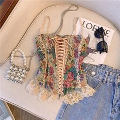 Cottagecore Lace Bustier Top with lace-up front, vintage-lace ruffles, stretchy back with shirring, lace trim, delicate lace shoulder straps. ONE SIZE Bust 79-90cm Waist 64cm-74cm Length 32cm Hot Crop Tops, Lace Bustier Top, Top Bustier, Fairy Dresses, Lace Up Top, Cottagecore Fashion, Vintage Corset, Corset Bustier, Painting Flower