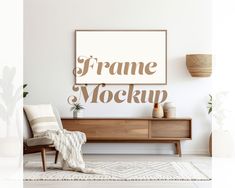 the frame mockup is hanging on the wall next to a chair and rug in front of it