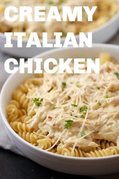 creamy italian chicken pasta in a white bowl