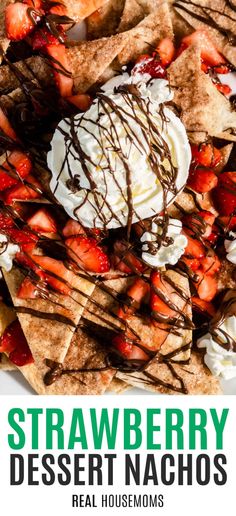 strawberry desert nachos with chocolate drizzled on top and strawberries