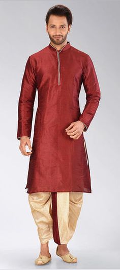 Red and Maroon color Dhoti Kurta in Art Dupion Silk fabric with Thread work Designer Red Kurta With Pallu, Red Straight Kurta In Art Silk, Bollywood Style Red Kurta For Transitional Season, Red Art Silk Straight Kurta, Red Straight Kurta Salwar Kameez For Puja, Red Straight Kurta For Traditional Ceremonies, Red Long Sleeve Churidar With Cutdana, Red Art Silk Kurta For Transitional Season, Red Art Silk Churidar With Straight Kurta