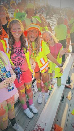 Fluro Party Outfit, Neon Themed Outfit, Neon Construction Football Theme, Neon Day Spirit Week Outfit, Bikers Vs Surfers Outfits Spirit Week, Neon Spirit Day, Glow Outfits Party Neon, Neon Night Outfit, Neon Spirit Day Outfit