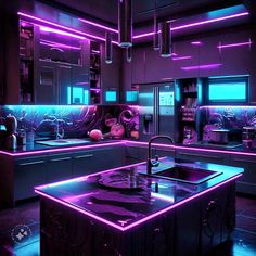 the kitchen is lit up with purple lights and features an island countertop that matches the cabinets