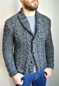 Men's cardigan hand knitted with needles from unique combination of grey and black yarns. Quite thick but light cardigan with cozy turndown collar. This soft cardigan, decorated with classic strings ant twists pattern will warm you up in chilly time. Other colours are available too, just write me about your favorite one. Hand knitted cardigan is adoptable to body and durable. Also it's available hand knitted works according to your model and size. SIZING: All sizes available (S, M, L, XL). Fiber Mens Sweaters, Light Cardigan, Twist Pattern, Winter Attire, Men's Cardigan, Knit Men, Soft Cardigan, Mens Cardigan, Turndown Collar