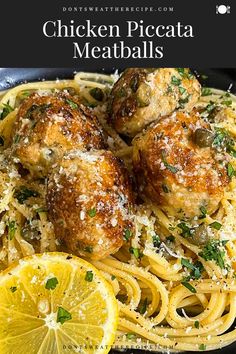 chicken meatballs with lemon and parmesan cheese on top