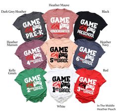 "Game On Custom School T-Shirt Hi! Welcome to my store, I'm delighted to see you here. My store's main goal is to provide you with premium everyday apparel with the best graphic t-shirts.  DESCRIPTION * Printed and shipped from the USA. * We use state of art printing on soft and quality shirts. * Different size options; crewneck, youth, women's v-neck, toddler, and baby size options.  * Effective customer service and expedited shipping.  * Solid colors are 100% airlume combed and ringspun cotton.  * Heather colors 52/48 cotton/polyester. * Shoulder taping. Side-seamed. Fitted at bicep. Tear-away label. 4.2 oz. SIZES AND COLORS * Please refer to the size charts for measurements before placing an order. * You can compare our numbers to one of your favorite shirts to make sure. * Unisex shirt Customizable Short Sleeve School Tops, Customizable Short Sleeve Fan Merchandise Tops, Customizable Fan Merchandise Short Sleeve Tops, Customizable Short Sleeve Tops For Fan Merchandise, Customizable School Spirit Red T-shirt, Customizable School Spirit Tops For Fan Merchandise, Red School Spirit Top With Name Print, Customizable Tops For School Spirit Fan Merchandise, Red Top With Name Print For School Spirit