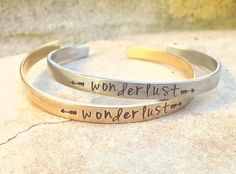 Personalized Wonderlust Bracelet- or your own message * 3/16 inch aluminum, copper or Nu gold hand stamped bracelet * pick your own message if desired * free gift wrap In the buyers notes at checkout please let me know what you want hand stamped if you selected "my own message" Aloha, Natasha *************************************************************** Handstamped Bracelet, Message Bracelet, Stamped Bracelet, Inspirational Jewelry, Body Jewelry Piercing, Jewelry Personalized, Gold Hand, Gold Hands, Free Gift Wrapping