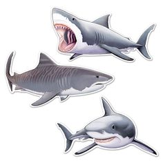 three stickers of sharks with open mouths and teeth, one shark has it's mouth wide open