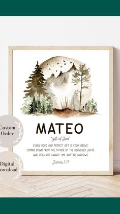 a watercolor painting with the words mateo on it and trees in the background