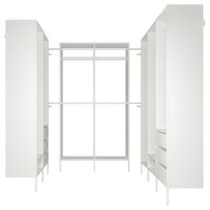 an open white closet with shelves and drawers on each side, facing the opposite direction