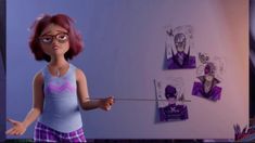 the animated character is holding a stick in her hand and pointing at pictures on the wall