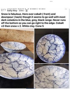 four photos of blue and white marbled bowls on a table with text describing how to use them