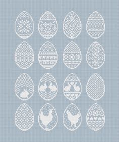 cross stitch easter eggs with different designs in white on a light blue background stock illustration