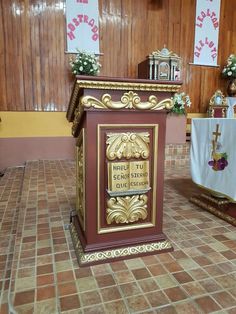 the altar is decorated with gold and red