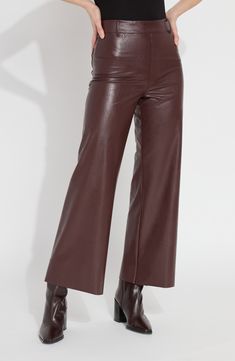 Edgy faux leather shows its softer side in breezy wide-leg pants fitted at the waist and hips and constructed with the brand's patented smoothing waistband. 28" inseam; 11" leg opening; 12" front rise; 15 1/2" back rise Extrawide, interior smoothing waistband 95% rayon, 5% spandex with polyurethane coating Machine wash, line dry Imported Leather Wide Leg Pants, Denim Baby, Perfect White Tee, Deep Burgundy, Wide Leg Pant, Crop Top Sweater, 2024 Fashion, Crop Top Blouse, Denim Leggings