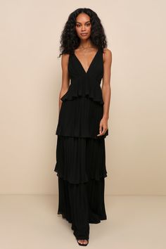 Black Pleated Maxi Dress - Backless Gown - Black Bridesmaid Dress - Lulus Elegant V-neck Pleated Dress With Ruffles, Evening Tiered Ruched Maxi Dress, Ruched Tiered Maxi Dress For Evening, Tiered Ruched Maxi Dress For Evening, Black Evening Dress With Accordion Pleats, Elegant Black Pleated Dress With Accordion Pleats, Black Pleated Dress With Accordion Pleats For Evening, Black Accordion Pleated Dress For Evening, Flowy Evening Dress With Pleated Back