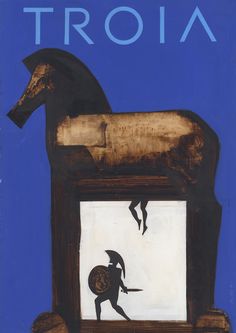 a painting of a horse standing on top of a wooden structure with the word troia above it