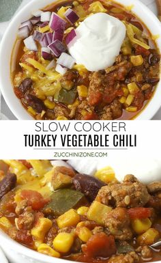 slow cooker turkey vegetable chili with sour cream on top and in a white bowl