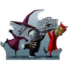 three cartoon characters dressed in halloween costumes with a cage on their head and one holding a pumpkin