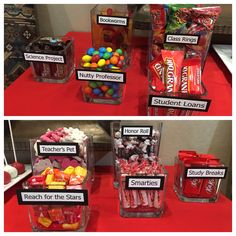 candy and candies displayed in plastic containers on a red table