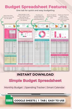 the simple budget spreadsheet is shown in pink and green, with text overlaying