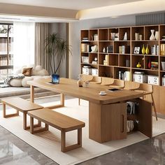 a large wooden table sitting in front of a book shelf