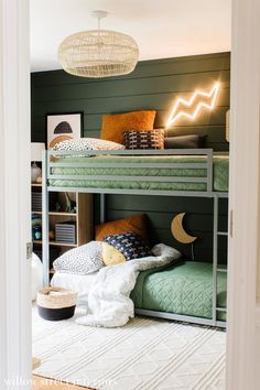 19 ways to make a basic bunk bed look cool and add wow factor, function, and personality to a small room for kids and teens. Boy Bedding Ideas, Boys Bedding Ideas, Boys Room Bunk Beds, Simple Boys Room, Bunk Beds For Boys Room, Shared Boys Rooms, Bunk Beds Boys