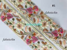 two different types of embroidered ribbon with flowers and leaves on white fabric, one is pink, the other is green