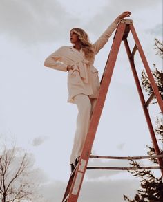 a woman standing on top of a wooden ladder