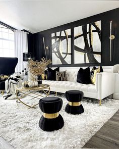 black and white living room with gold accents