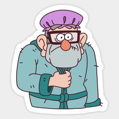 an old man with glasses and a beard holding a sticker on his face,