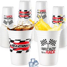 racing themed cups with ice cubes on the side