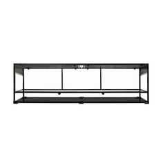 a black metal shelf with two glass shelves on each side and three lights hanging from the top