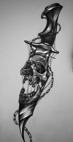 a drawing of a skull with chains around it