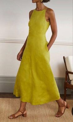 Linen Fashion, Linen Midi Dress, Halterneck Dress, 가을 패션, Linen Dresses, Linen Clothes, Black Midi Dress, Linen Dress, Yellow Dress