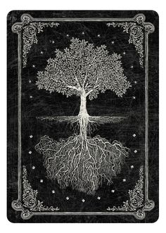 a black and white drawing of a tree with roots in the shape of a heart