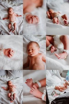 multiple pictures of a baby laying on top of a white blanket with his hands in the air