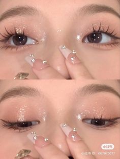 Eyeshadow Korean, Glitter Eyeshadow Looks, Douyin Makeup, Cute Eye Makeup, Doll Eye Makeup, Face Art Makeup, Korean Eye Makeup, Ethereal Makeup, Asian Eye Makeup