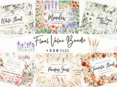 four floral watercolor banners with flowers and plants