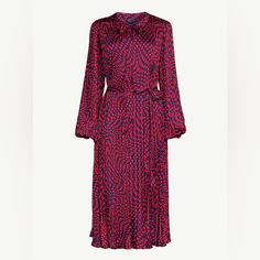 Dress Flows As You Walk. Belted Light Weight Red Pleated Dress For Workwear, Red Pleated Dress For Work, Red Pleated Midi Dress For Cocktail, Red Pleated Midi Dress For Date Night, Red Silk Long Sleeve Midi Dress, Red Silk Dresses For Fall, Red Silk Dress For Fall, Fall Red Silk Dresses, Blue Babydoll Dress