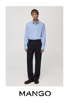 Regular fit, Belt loops, Two side pockets, Button, hook and zipper front closure, Two welt pockets with button on the back, Straight hem, The model is 6'1" and is wearing a size 42, Tencel™ and cotton-blend fabric, Ironed stripe detail at front and back Cotton Pants Men, Mango Man, Mens Trousers, Cotton Pants, Dark Navy, Welt Pockets, Welt Pocket, Front Zipper, Bleu Marine