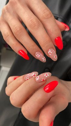 Red Nail Arts Ideas, Short Almond Nails With Flowers, May Nails Ideas Almond, Red Spring Nail Designs, Red Biab Nail Art, Bright Pink Nails With Flowers, Bright Red Acrylic Nails Designs, Vibrant Summer Nails Almond, Guava Nails