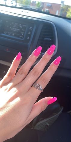 Acrylic Nails For Rush, Barbie Pink Nails Coffin Shape, Cute Acrylic Nails Hot Pink, Not Pink Nails, Hot Pink Nails Square Medium, Hot Pink Acrylic Nails Coffin Short, Acrylic Nails Coffin Middle Length, Hot Pink Nails Coffin Long, Hot Pink Medium Acrylic Nails